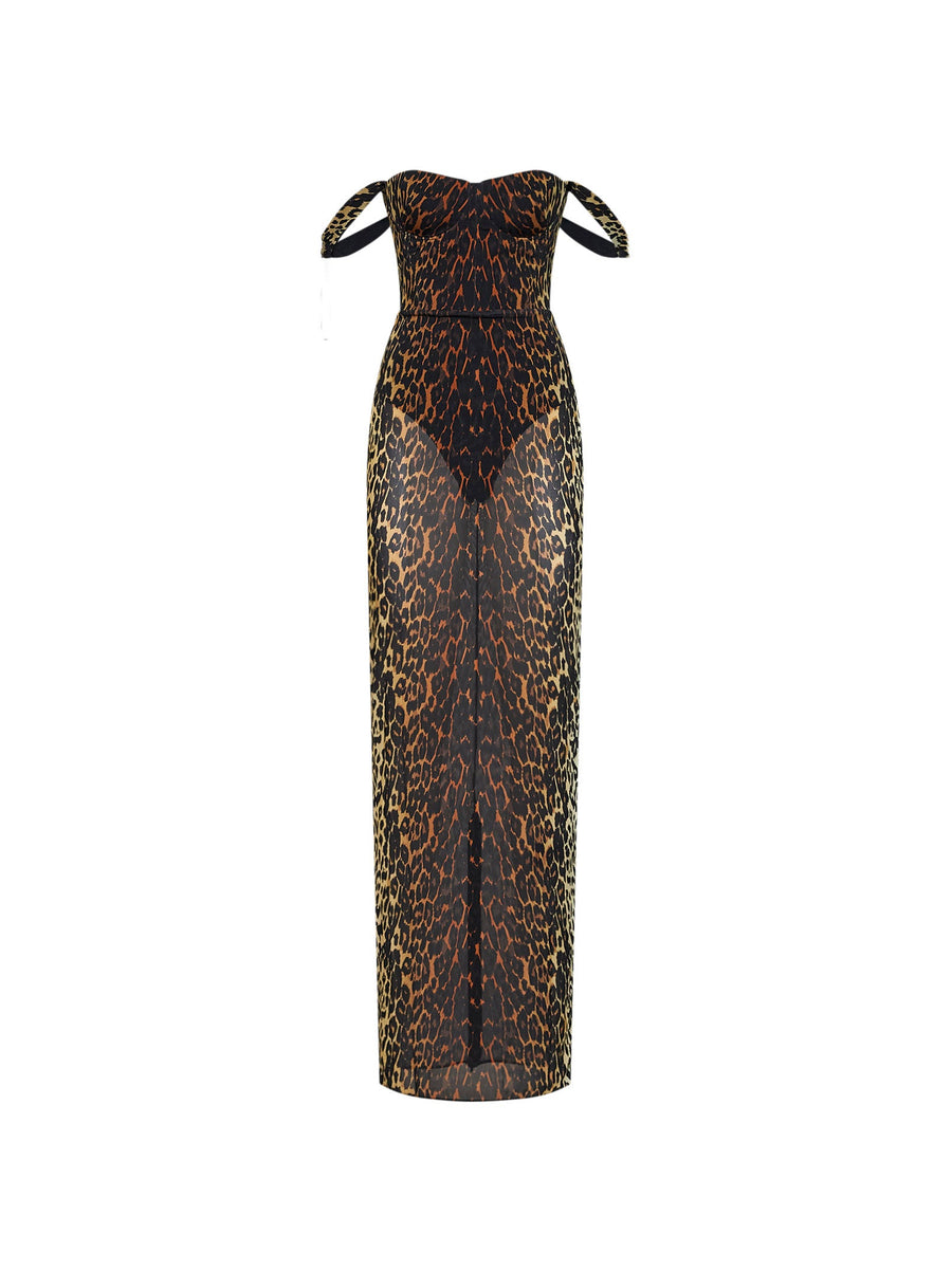 Column Dress Brown Leopard-Print Mesh Nylon