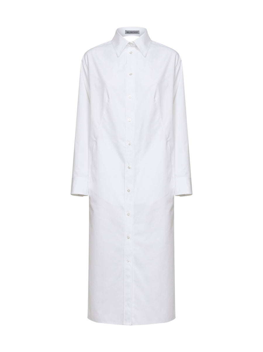 Shirt Dress Draped Back White Poplin Cotton