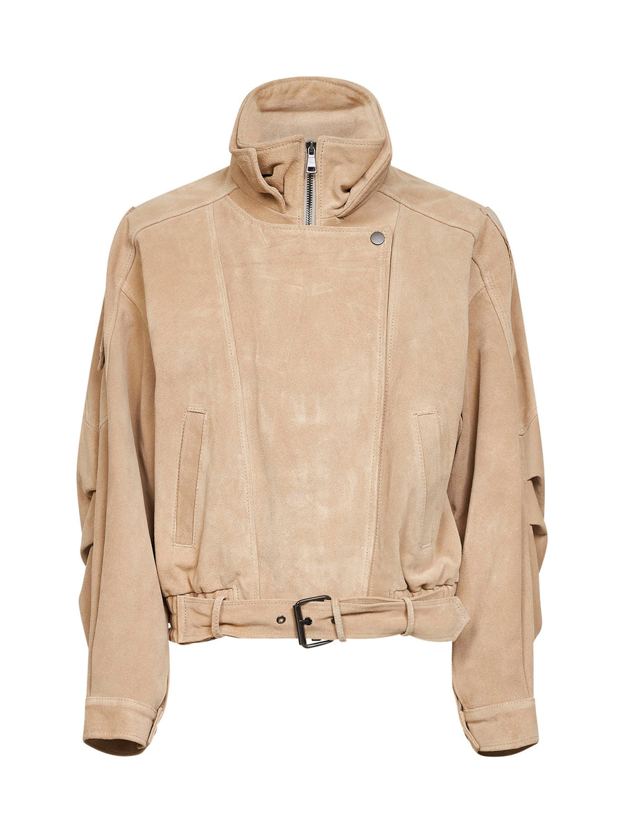 Belted Suede Biker Jacket Beige Leather (suede) Bomber