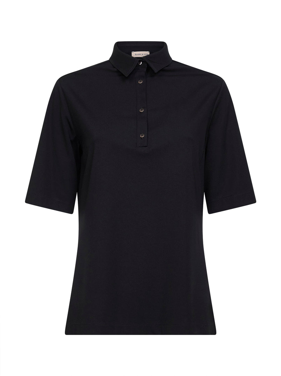 Polo Shirt Viscose-Blend Black Tops