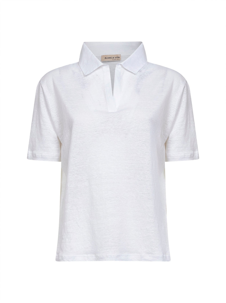 Polo Shirt White Linen Tops