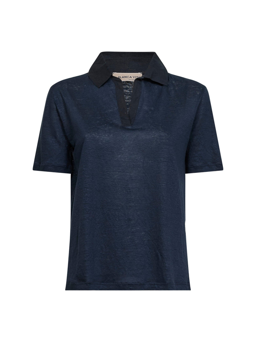 Polo Shirt Blue Linen Tops