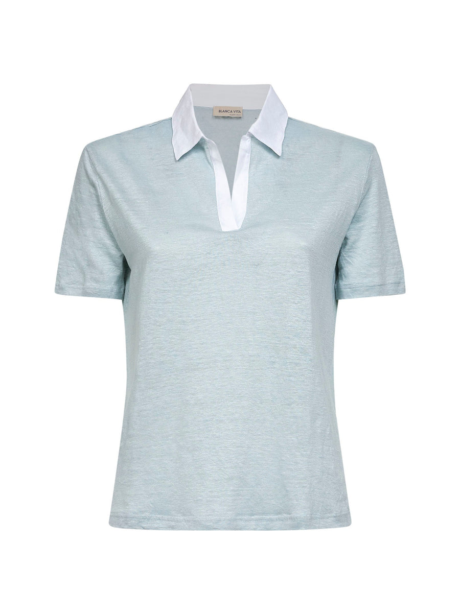 Polo Shirt Green Linen Tops