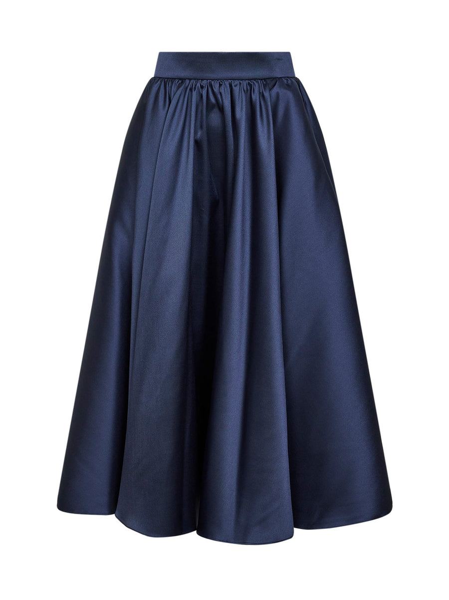 Navy Satin Geky Full Midi Skirt Blue Polyester
