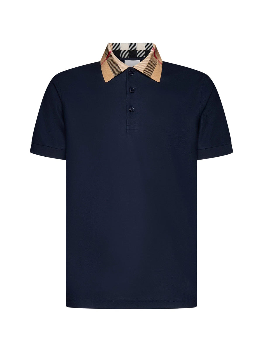 Cotton Polo Shirt With Check Collar Blue