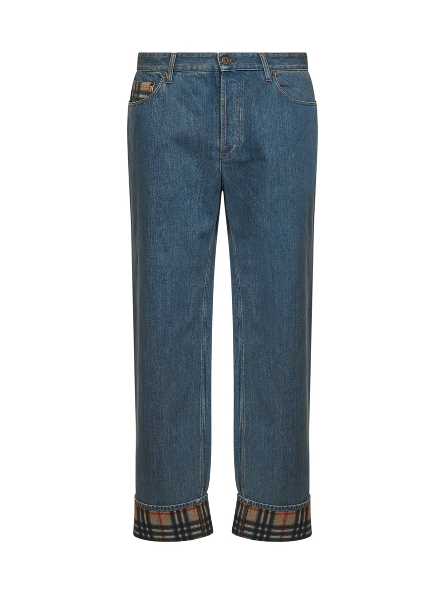 Jeans Light Blue Denim With Check Trim Cotton