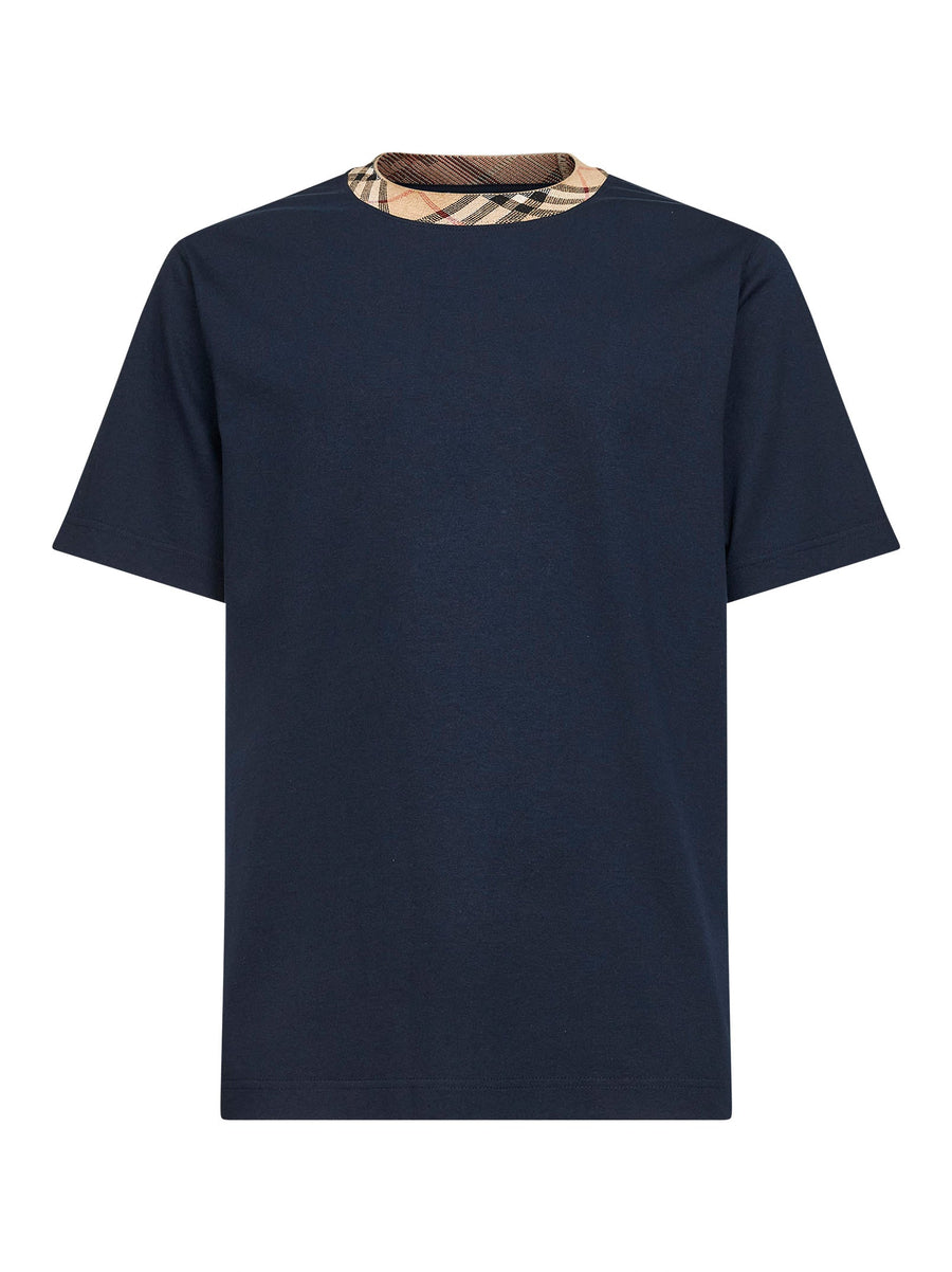 Navy Blue Cotton Check Trims T-Shirt T-shirts