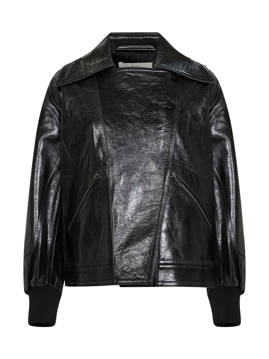 Black Leather Oversized Bomber Jacket
