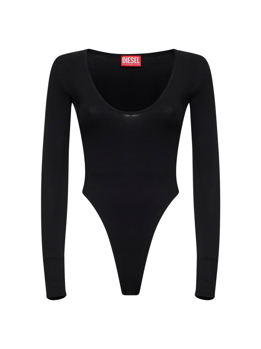 Black Ribbed Jersey T-Bodyn Bodysuit Viscose Tops