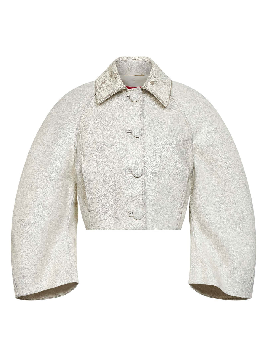 Cropped Crackled Leather Jacket Beige Sheepskin Bomber