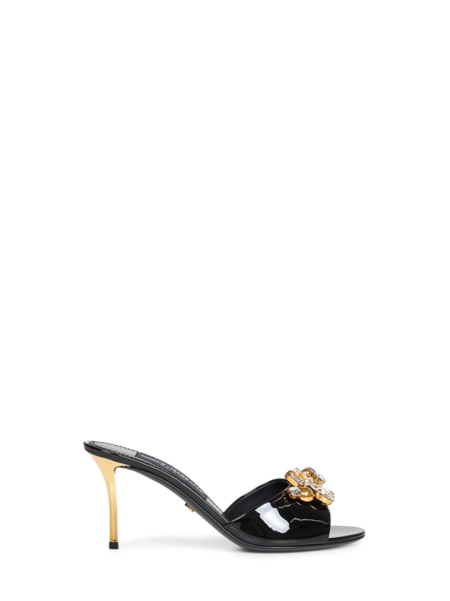 Black Patent Leather Crystal Embellished Sandals Calf