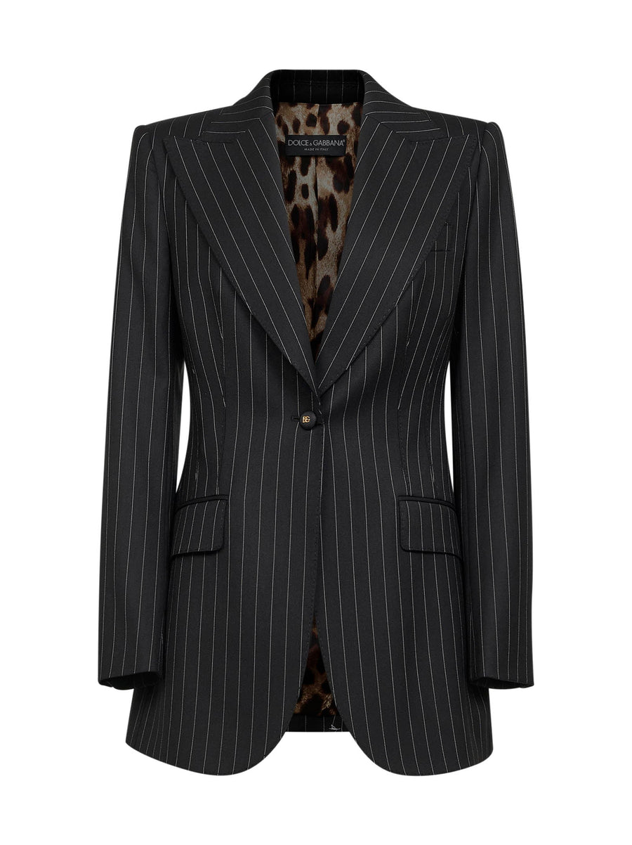 Black Pinstriped Stretch Wool Jacket Virgin