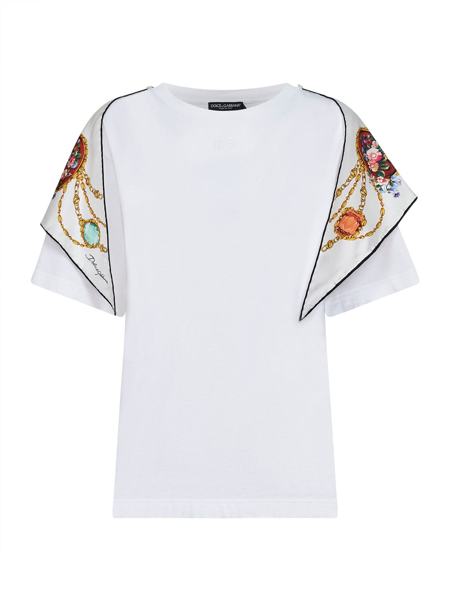 White Jersey T-Shirt With Printed Silk Scarf Cotton T-shirts & Jerseys