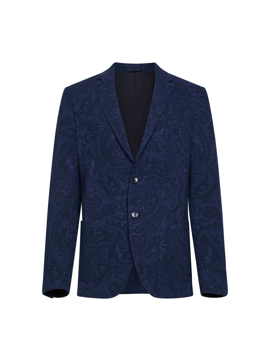 Blue Paisley-Pattern Seersucker Jersey Jacket Polyester