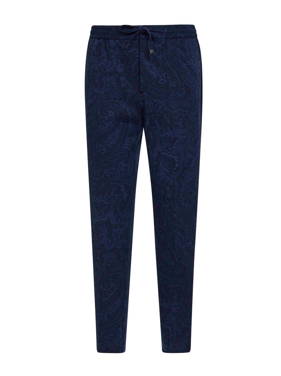 Blue Paisley-Pattern Seersucker Jogger Trousers Polyester