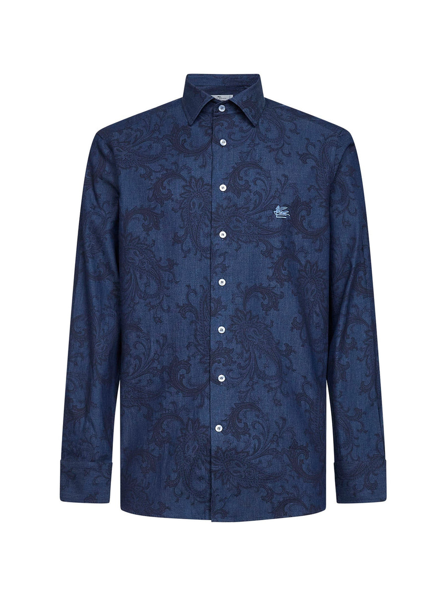 Blue Paisley Ramage-Pattern Denim Shirt Cotton