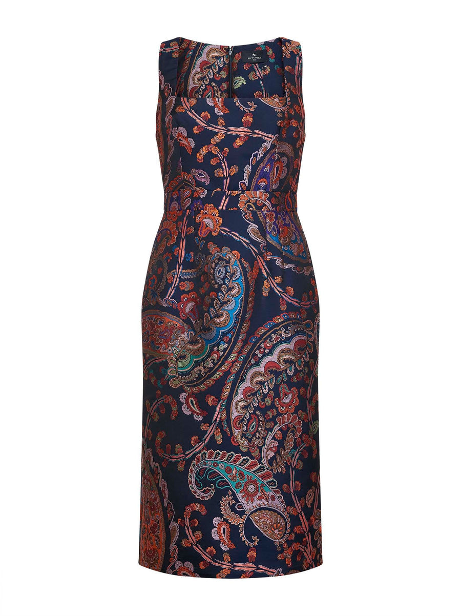 Blue Floral Paisley Jacquard Midi Dress Polyester