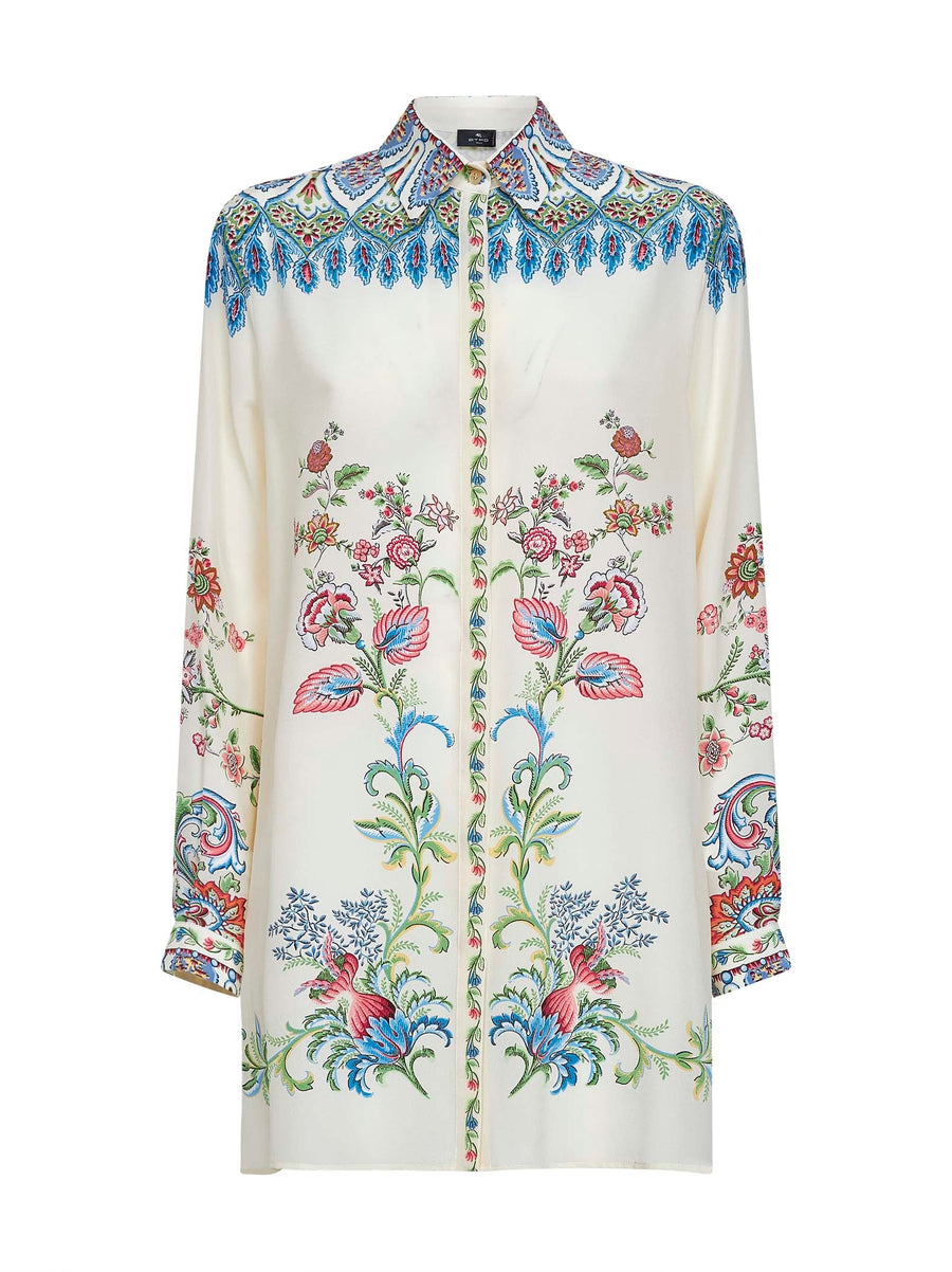 Cream Floral-Printed Silk Long Shirt