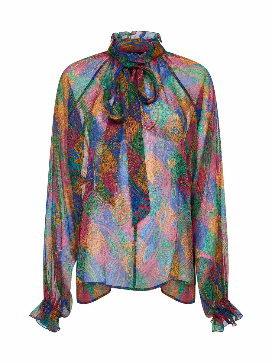 Geometric Paisley-Pattern Silk Crepon Blouse Shirt