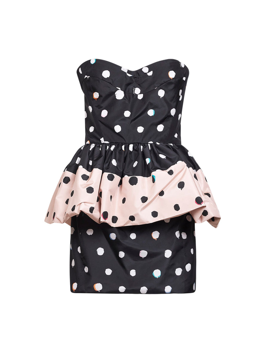 Black Printed Taffeta Bustier Minidress Silk Dress