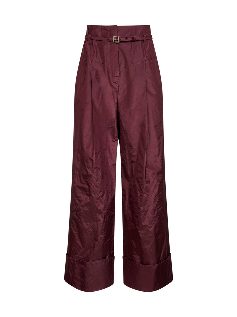 Burgundy Silk Taffeta High-Rise Trousers