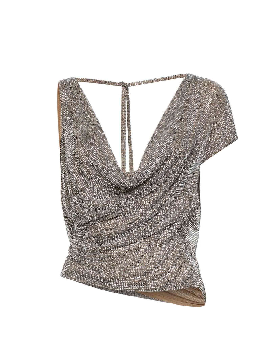 Silver Crystal Asymmetric Draped Top Polyamide Tops