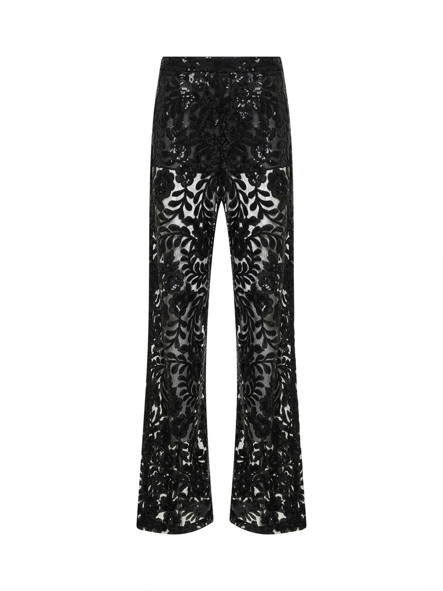 Black Sequin-Embroidered Tulle Trousers Polyester