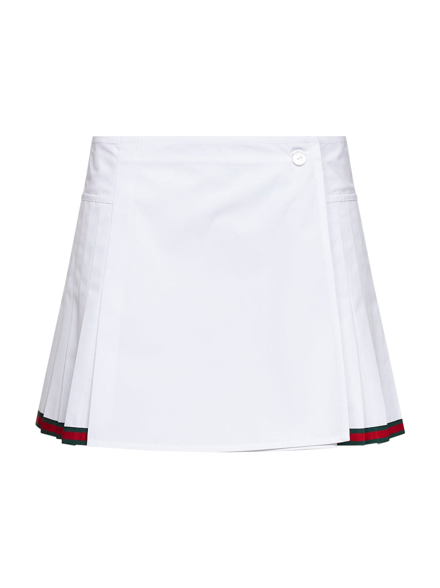 White Poplin Pleated Miniskirt With Web Detail Cotton Skirt