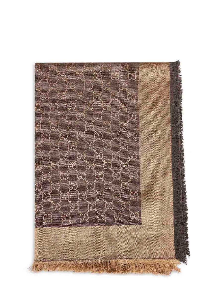 Brown And Beige Gg Silk Wool Shawl Scarf