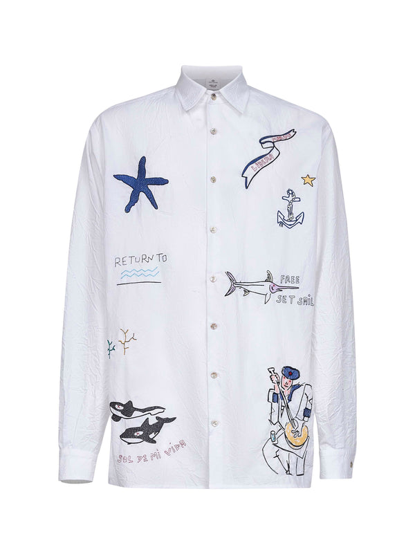 Shirt Poplin Embroidered White Cotton