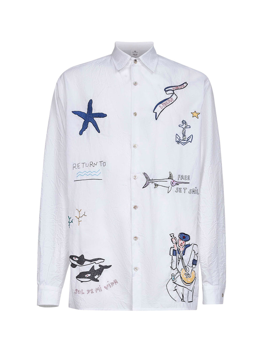 Shirt Poplin Embroidered White Cotton