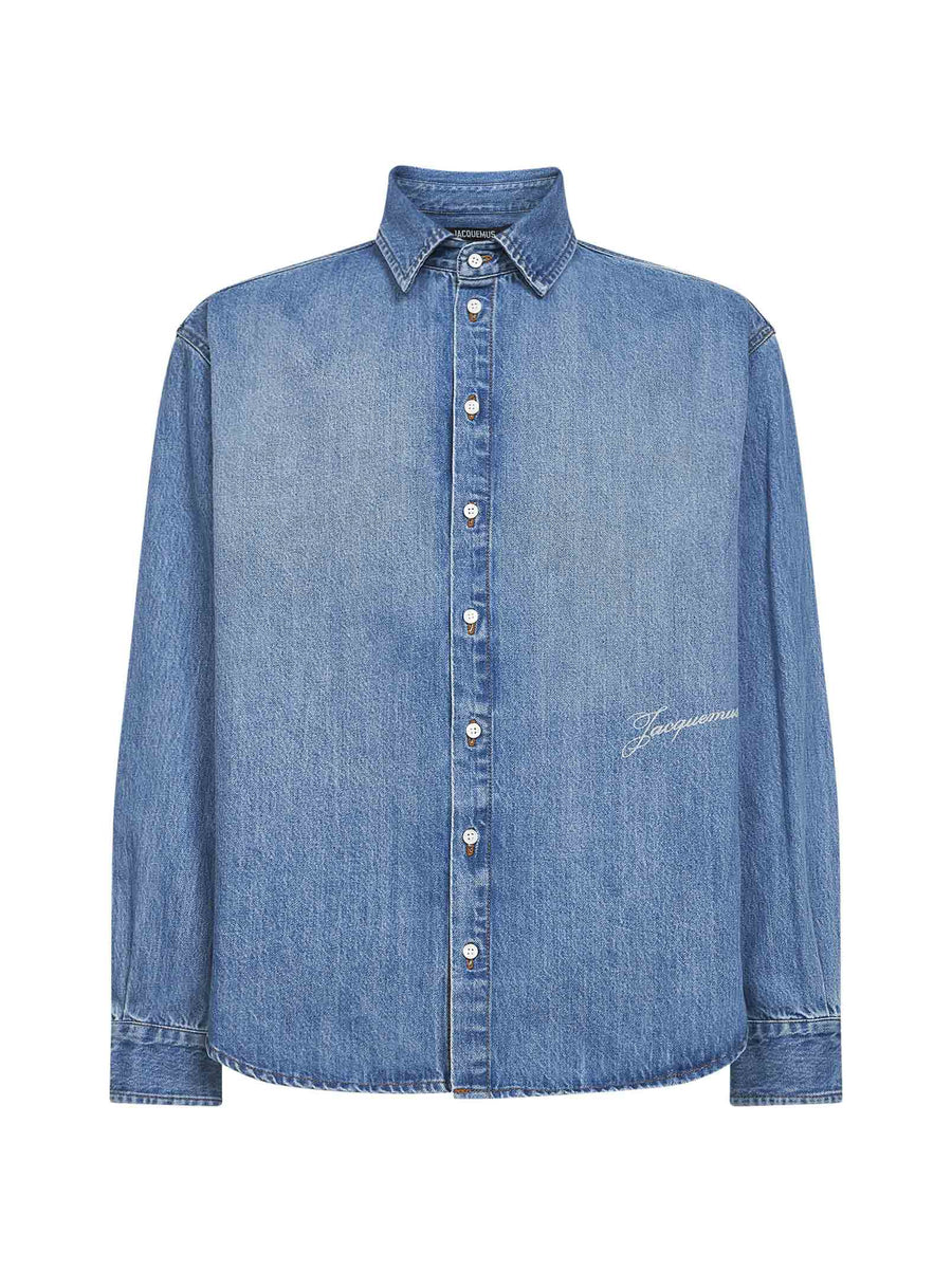 Blue Denim Shirt With Logo Cotton