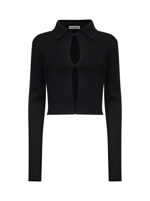 Black Merino Wool Cropped Cardigan With Cut-Outs Virgin Cardigans