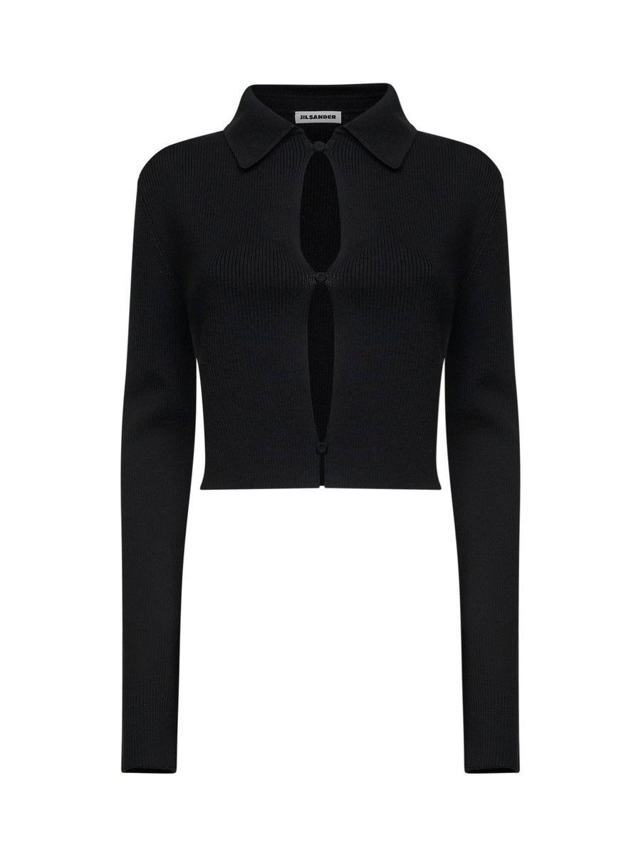 Black Merino Wool Cropped Cardigan With Cut-Outs Virgin Cardigans