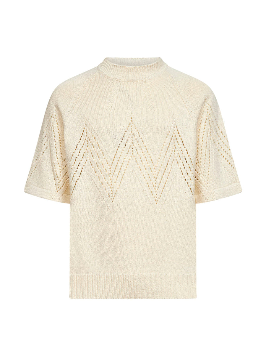 Ivory Cotton Knit Sweater With Pointelle Motif