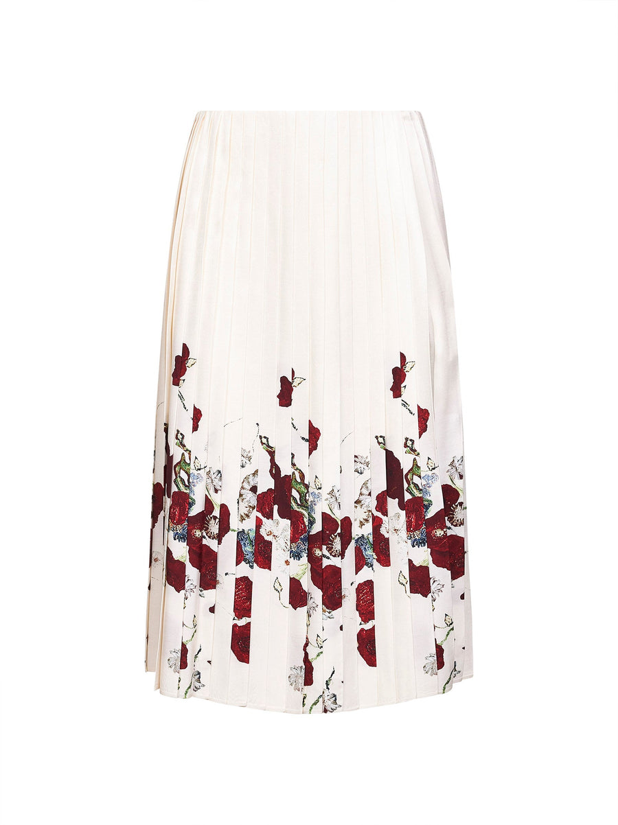 Cream Printed Twill Pleated Midi Skirt Ivory Viscose