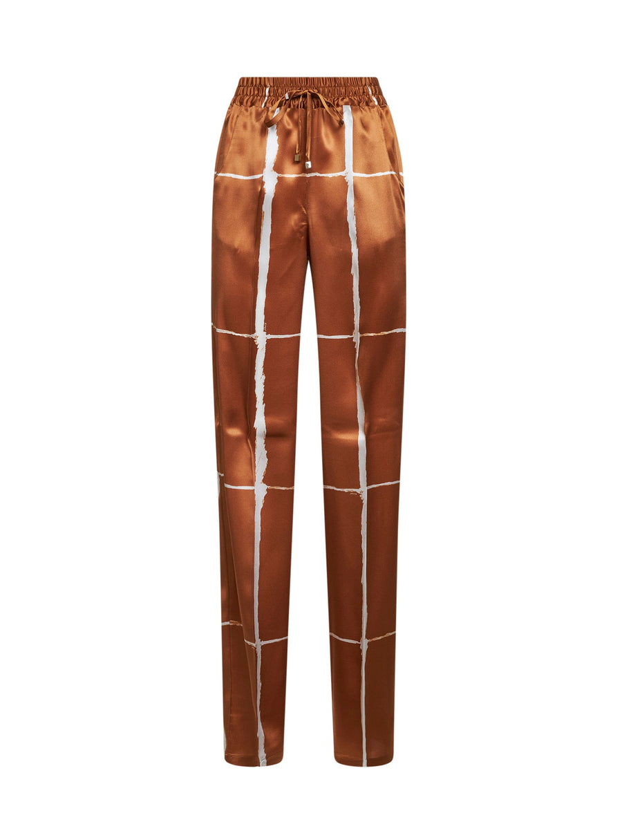 Trousers Tan-White Silk Print Brown
