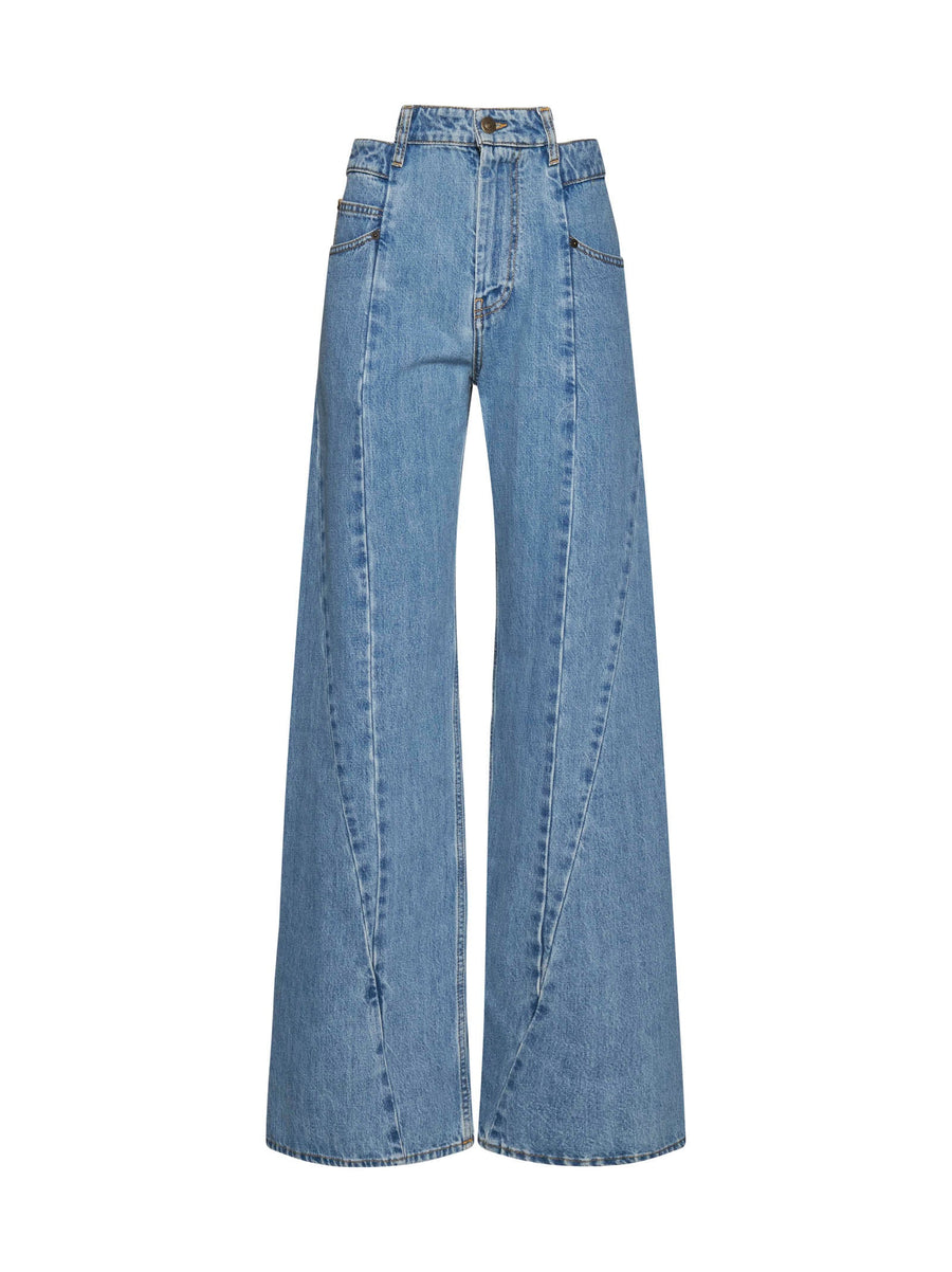 Wide-Leg Denim Jeans Light Blue Cotton