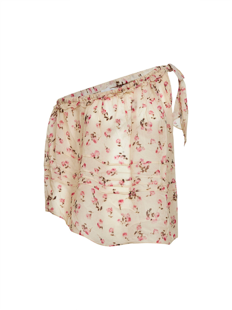 Beige Printed Muslin One-Shoulder Top Viscose Tops