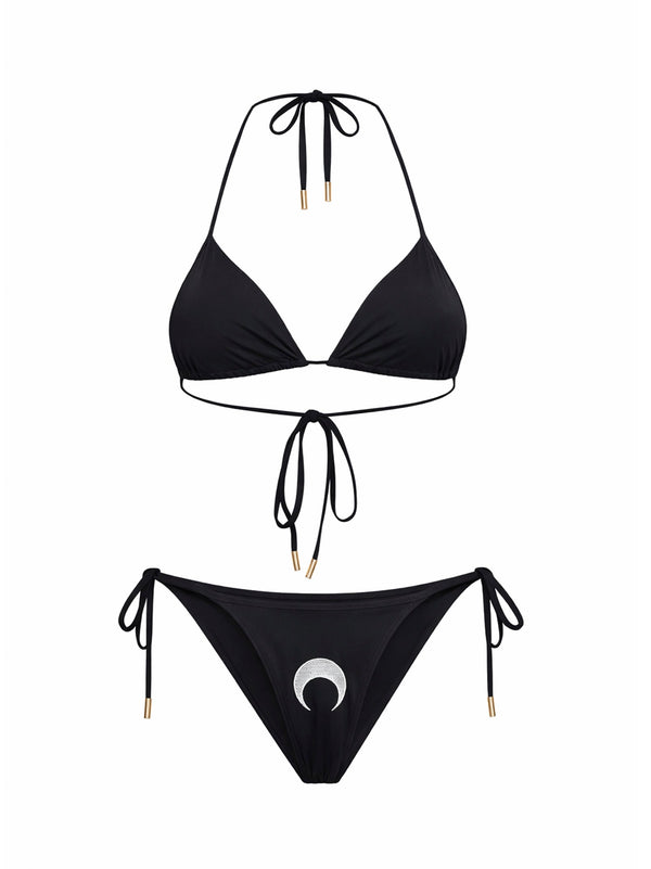 Bikini Stretch Jersey Moon Embroidery Black Polyamide Swimwear