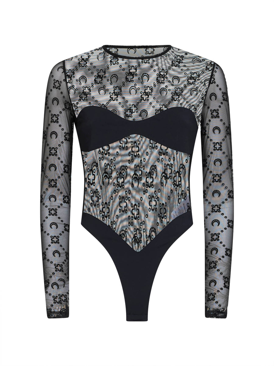 Bodysuit Black Flocked Mesh Polyamide Tops