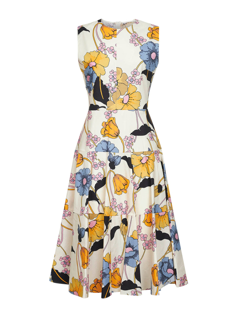 Cream Poplin Midi Dress With Floral Print Cotton