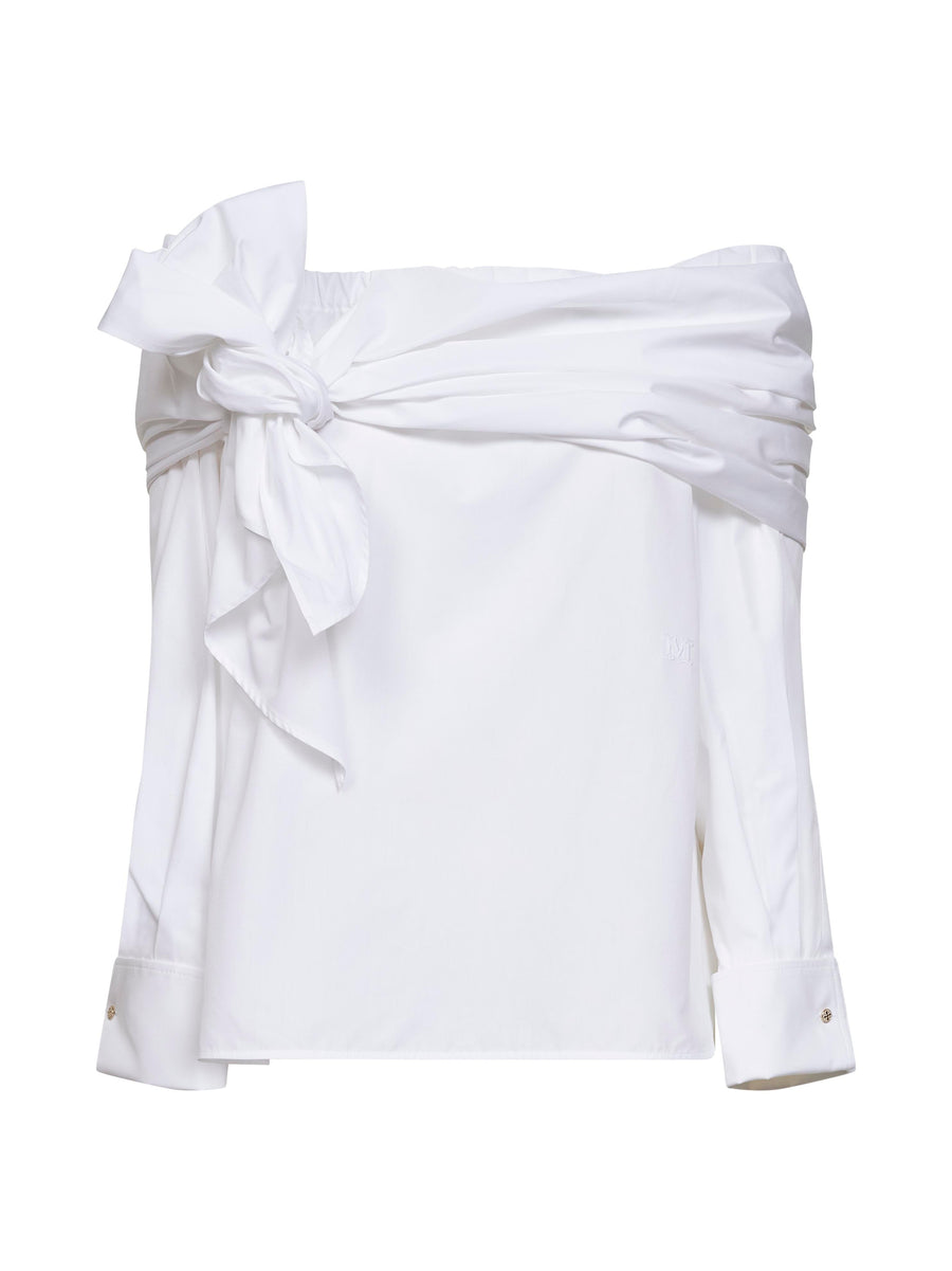White Poplin Blouse With Stole Cotton Shirt