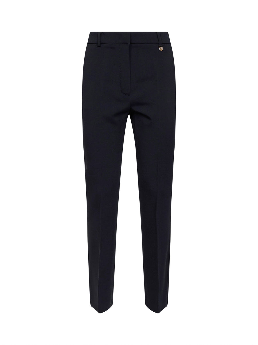 Navy Blue Stretch Wool Slim Trousers
