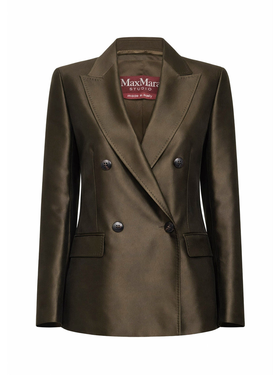 Blazer Silk-Blend Shantung Khaki Green Cotton Jacket
