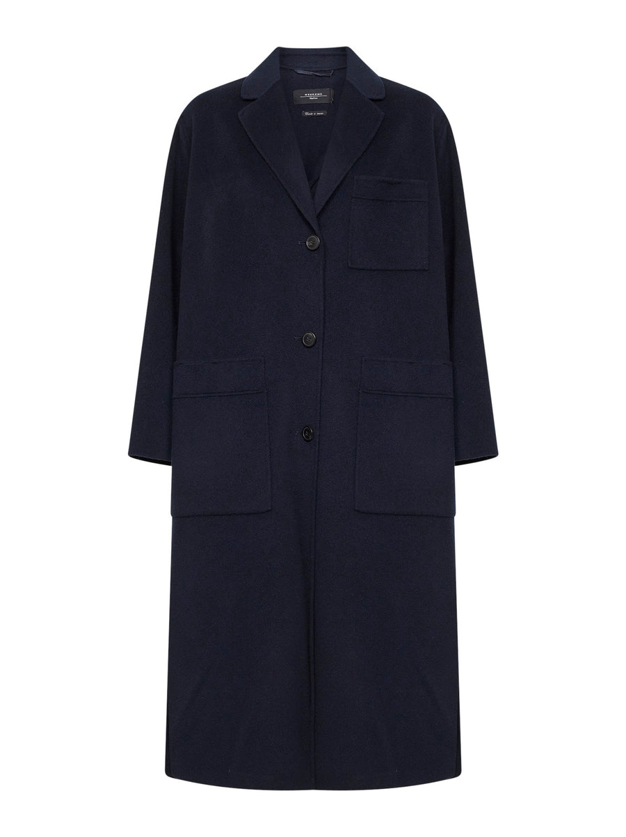 Blue Single-Breasted Long Coat Virgin Wool
