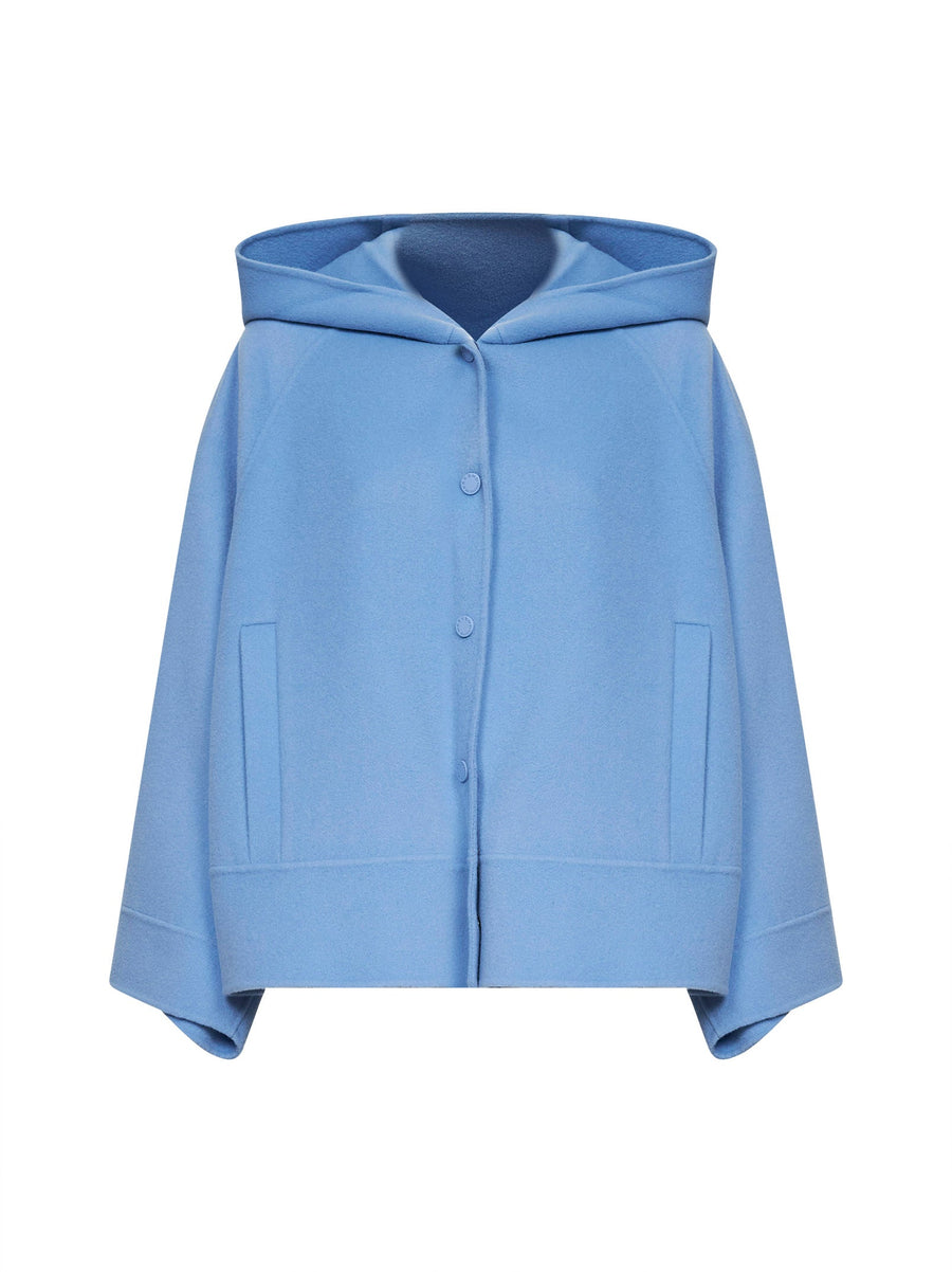 Light Blue Hooded Short Coat Virgin Wool Bomber Jackets