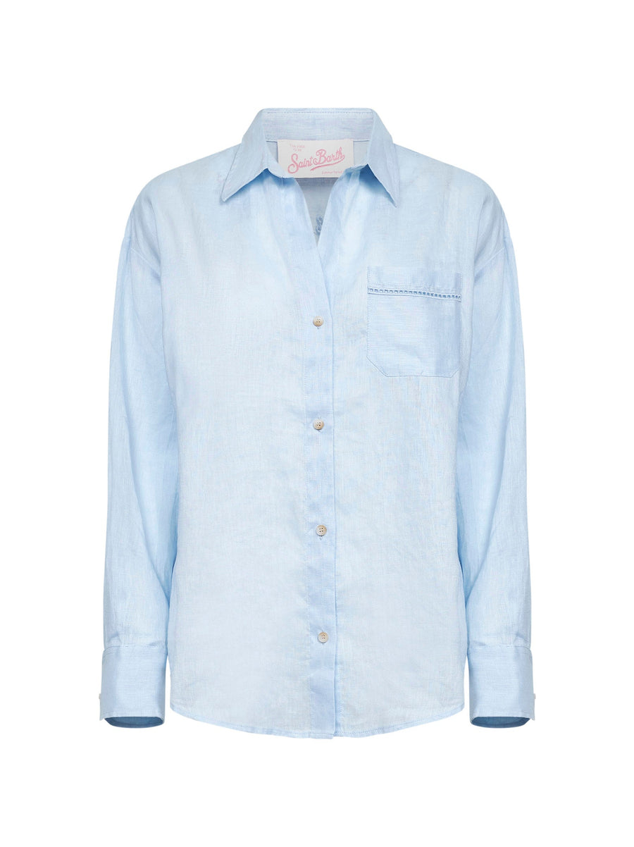 Shirt Crystal Embroidered Light Blue Linen