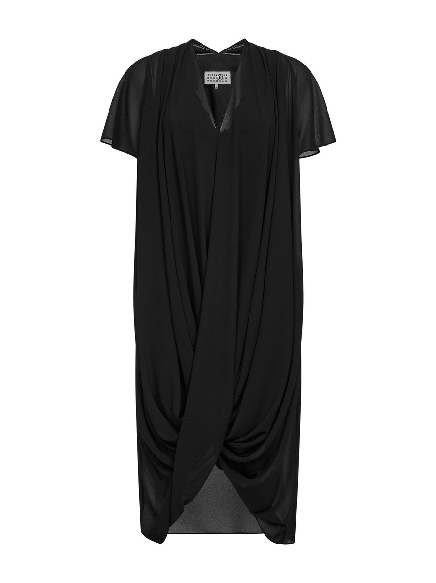 Black Georgette Asymmetric Draped Dress Polyester