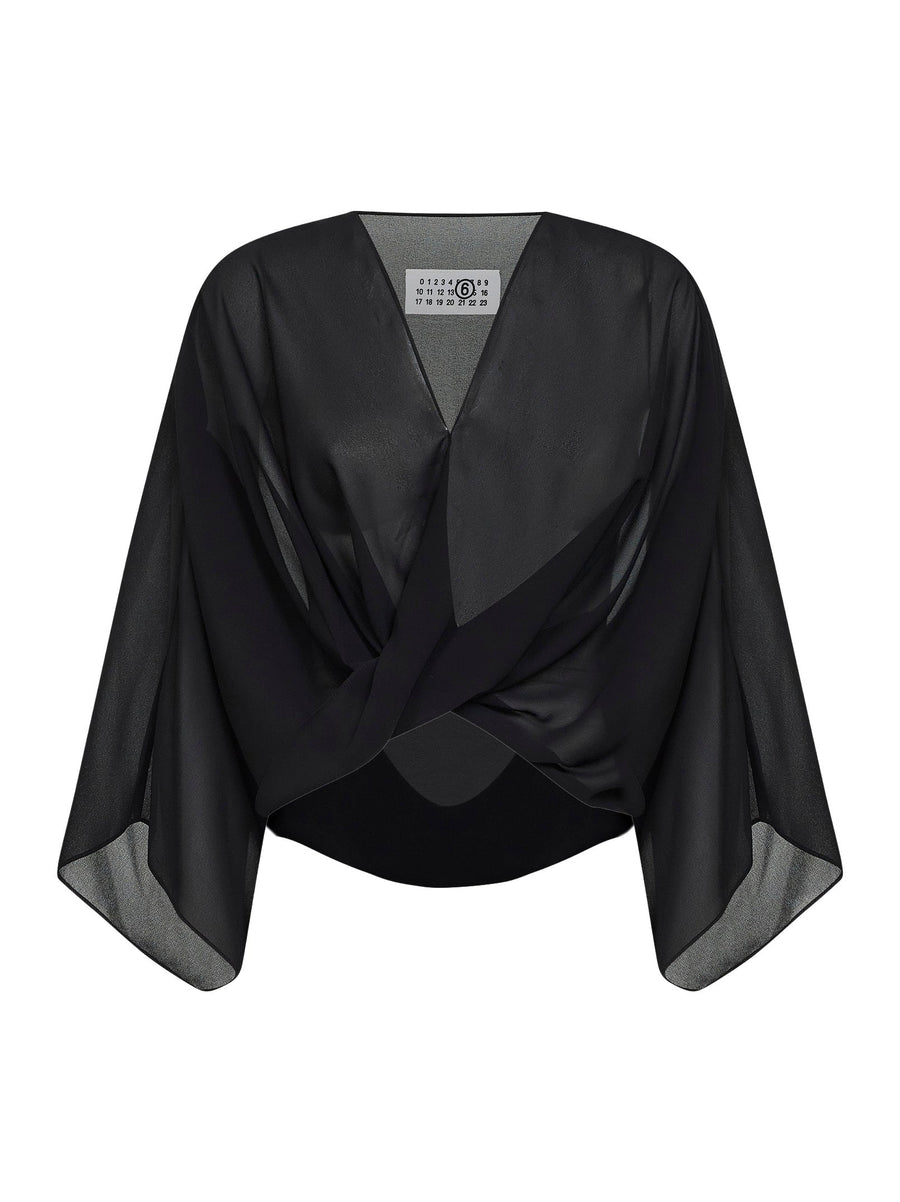 Black Draped Cropped Top Polyester Tops